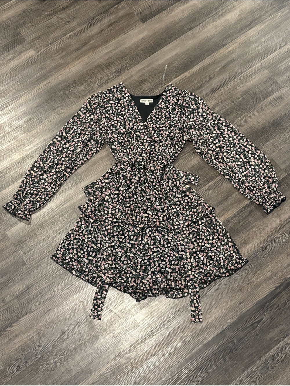 Inspired Hearts Black Floral Wrap Dress with Pink Accents